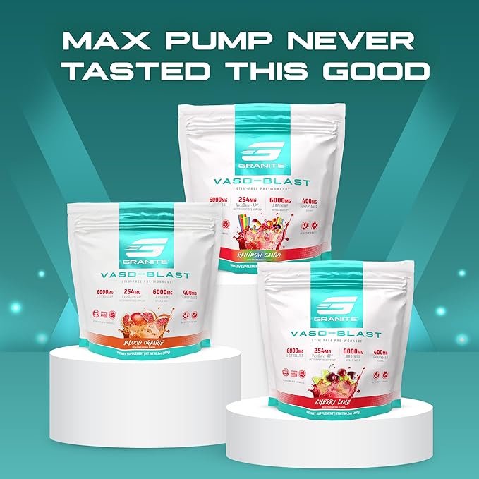 Granite Nutrition Vaso Blast Stim-Free Pre Workout - Non-Stim Nitric Oxide Support for Pump, Physique, and Muscle Capacity - Blood Orange (290g)