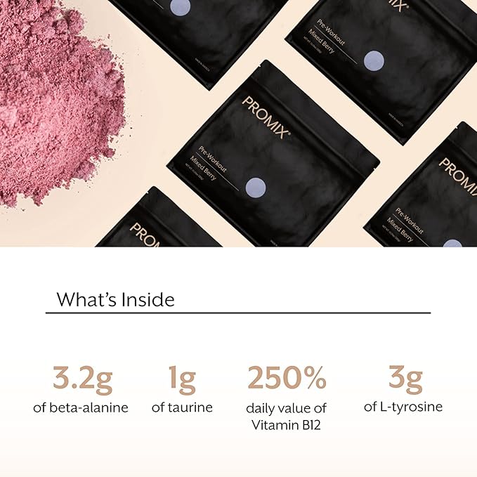 Promix Pre-Workout Powder, Mixed Berry - Maximize Focus & Performance - Helps Muscle Gain, Endurance & Enhanced Energy - Vitamin B12, Caffeine, Beta-Alanine & L-Tyrsosine - Gluten & Dairy-Free