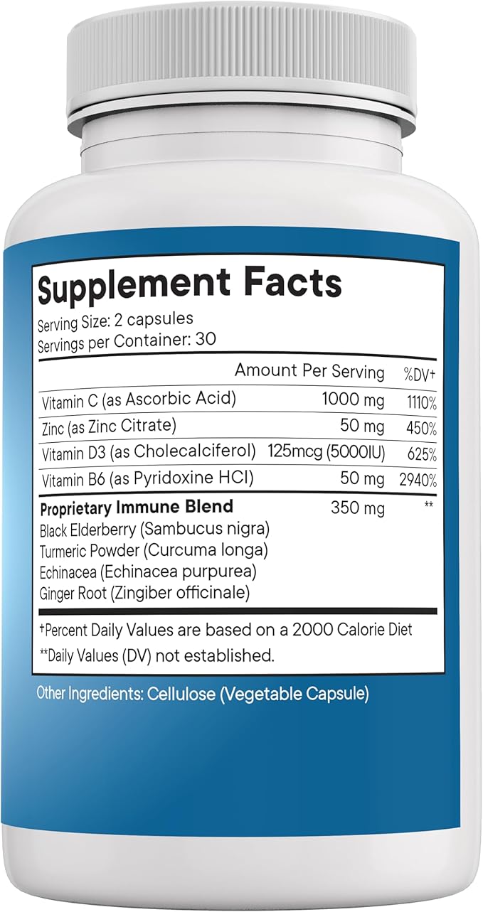 NEW AGE 8 in 1 Immune Support Booster Supplement with Echinacea, Vitamin C and Zinc 50mg, Vitamin D 5000 IU, Turmeric Curcumin & Ginger, B6, Elderberry 60 Count (Pack of 1)