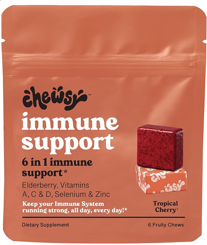 Chewsy - 6-in-1 Immune Support Fruity Chews with Elderberry - Vitamin C, A and D, Zinc and Selenium - Individually Wrapped - 6-Day Supply