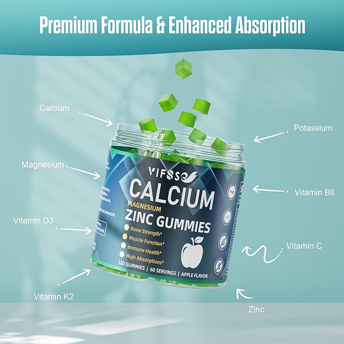 Calcium Magnesium Zinc Gummies 600mg with Vitamin D3 K2, 120 Gummies Plant Based Sugar-Free Calcium Gummies High Absorption Complex Calcium Supplement 70+ Trace Minerals for Bone Strength, Vegan