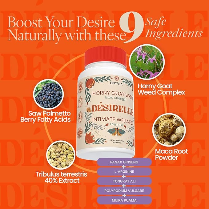 Female Libido Booster for Women Fast Acting with Tribulus Terrestris - Hornygoatweed for Women, Mood Support Supplement Enhancer Pills with Maca Root, Ginseng for Hormonal Balance - 60ct Desirelle