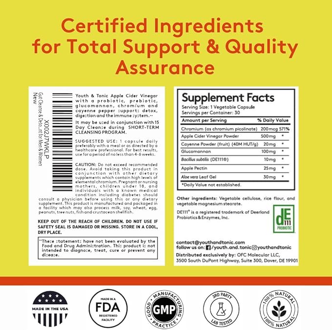 Youth & Tonic Balanced Detox Pills as Complete Gut Cleanse & Carb Matrix Support with ACV, Glucomannan, Chromium for Body Detoxing & Digestive Health, Supplement for Men & Women, Third-Party Tested