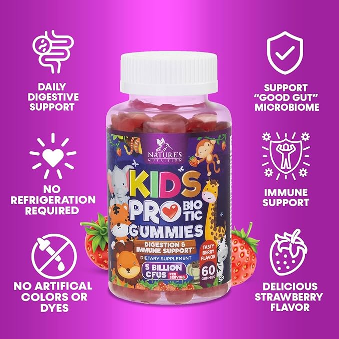 Kids Probiotic Gummies - Chewable Daily Probiotics for Kids Ages 3+ - Natural Digestive Health & Immune Support Vitamin - Vegan, Gluten Soy & Dairy Free, Berry Flavored, Shelf Stable - 60 Gummies