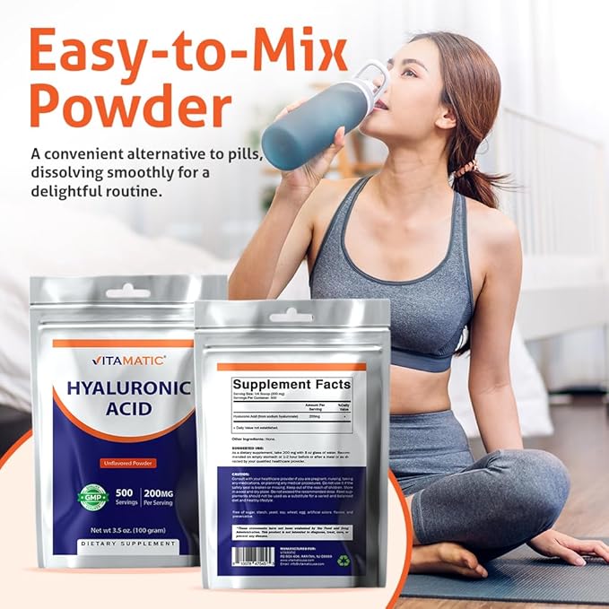 Vitamatic Hyaluronic Acid Powder 200mg - Supports Healthy Connective Tissue and Joints - Promote Youthful Healthy Skin - 100 Gram
