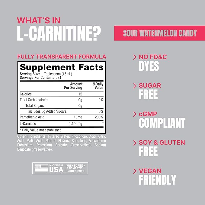 PROSUPPS L-Carnitine Liquid 1500, Stimulant-Free Liquid Shots for Men & Women - Clean Pre-Workout Drink for Energy, Performance & Muscle Recovery - No Sugar, No Carbs - 31 Servings, Watermelon Candy