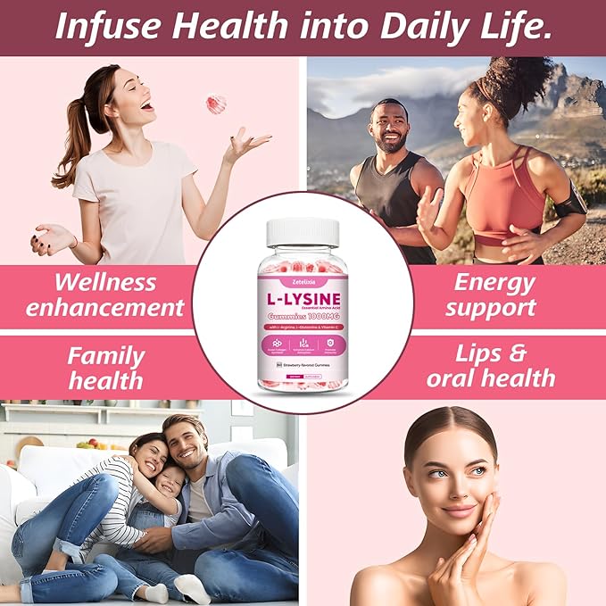 2 Pack L-Lysine Gummies 1000mg, Lysine Gummies Supplement for Adults & Kids, Essential Amino Acid with L-Arginine, L-Glutamine for Lip & Skin, Immune, Calcium Absorption, Strawberry Flavor, 120Ct