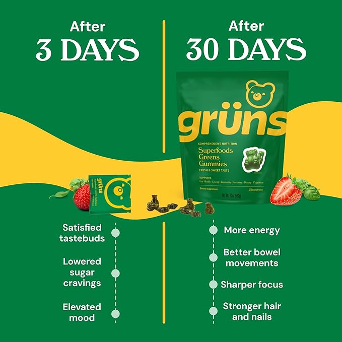 Gruns Adults Super Greens Gummies, Superfood Gummy Bears with Spirulina, Chlorella, Prebiotics & Fiber for Digestive Health, Adaptogens Supplement with 20 Vitamins & Minerals, Low Sugar, 28 Packets
