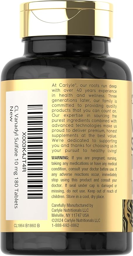 Carlyle Vanadyl Sulfate 10mg | 180 Tablet Capsules | with Chromium Picolinate | Vegetarian, Non-GMO, Gluten Free Supplement