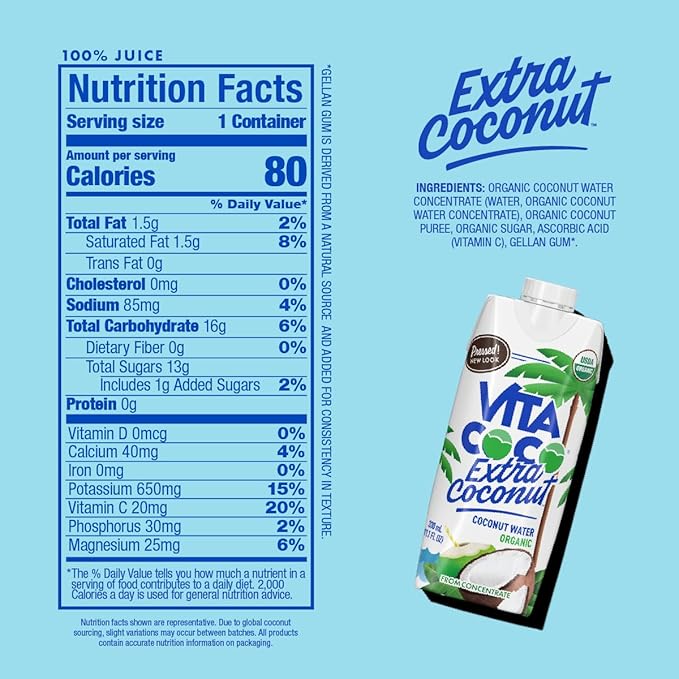 Vita Coco Organic Coconut Water, Extra Coconut | More "Coconutty" Flavor | Natural Electrolytes | Vital Nutrients | 11.1 Fl Oz (Pack of 12)