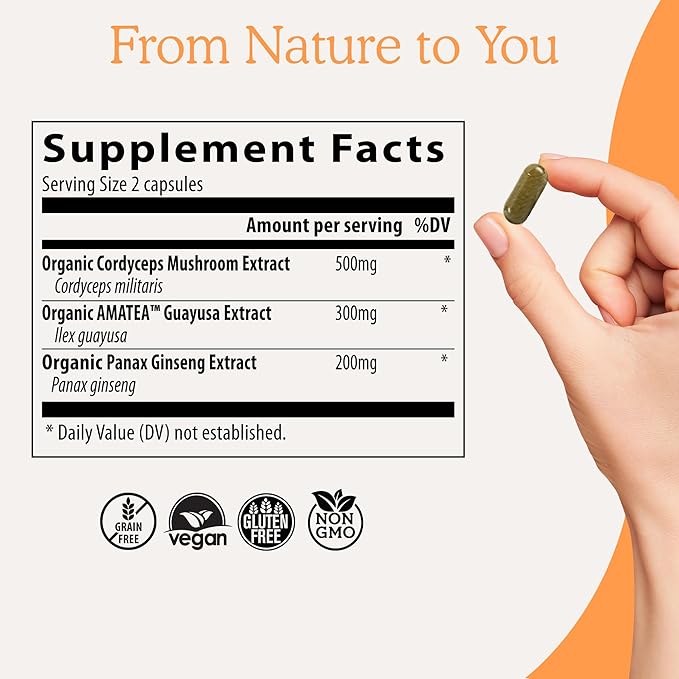 Real Mushrooms RealBoost Capsules - Mushroom Supplement Blend with Cordyceps Mushroom, Panax Ginseng Extract Guayusa Energy, Immune Defense, Mood Support Vegan, 60 Caps