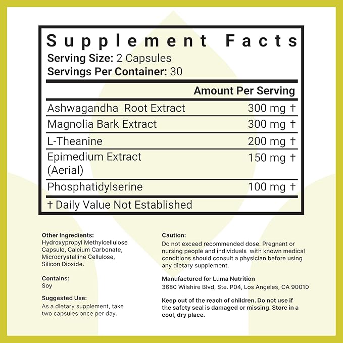 Luma Nutrition Cortisol Supplement - Cortisol Manager - Ashwagandha + L-Theanine - Cortisol Supplements for Women - 60 Capsules