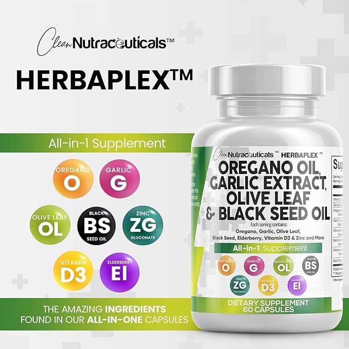 Clean Nutra Oregano Oil with Black Seed Oil Garlic Olive Leaf Extract - Oil of Oregano Capsules Immune Support Carvacrol & Thymoquinone Supplement for Women and Men + Elderberry Vitamin D3 & Zinc