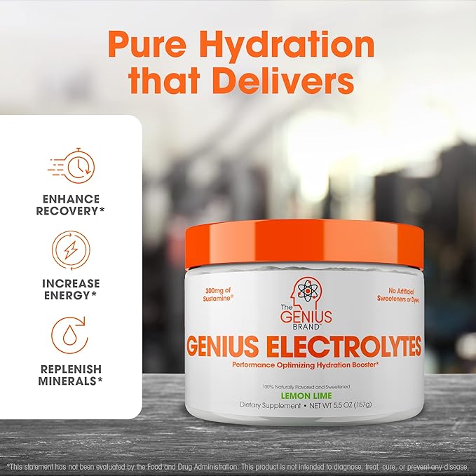 The Genius Brand - Genius Electrolytes Powder Drink Mix, Lemon Lime, 30 Servings - Hydration Booster & Supplement with Potassium, Magnesium & Zinc - Sugar Free & No Artificial Sweeteners or Dyes
