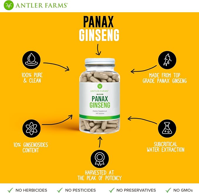 Antler Farms - 100% Pure, Red Panax Ginseng Extract, 180 Capsules, 500mg - From Slow-Grown Ginseng Root in the Changbai Mountains, 10% Ginsenosides