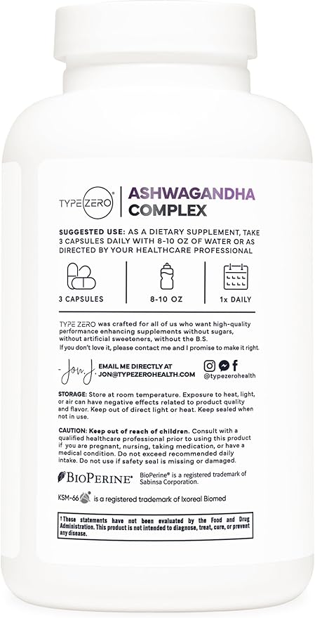 Type Zero KSM-66 Ashwagandha Root Extract 1,200mg, 60 Servings - High Potency 5% Withanolides - with Turmeric, Rhodiola Rosea and BioPerine Black Pepper Extract - 180 Veggie Caps