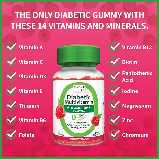 YUM-V'S YumVs Multivitamin Gummies | Sugar Free Supplement Vitamins for Women & Men | Chromium, Thiamine and Magnesium | Natural Raspberry Flavor Chewables - 60 Count