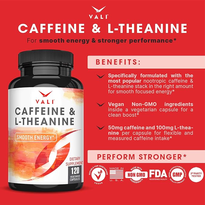 VALI Caffeine 50mg & L Theanine 100mg - Caffeine Pills & L-Theanine for Smart Smooth Energy & Focus Supplement. Nootropic Brain Booster Cognitive Support Stack & Focused Clarity. 120 Veggie Capsules