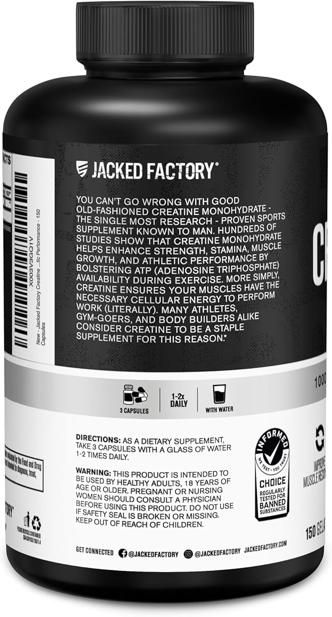 Jacked Factory Creatine Monohydrate Capsules - Creatine Pills for Muscle Growth, Increased Strength, Enhanced Energy Output and Improved Athletic Performance - 150 Capsules