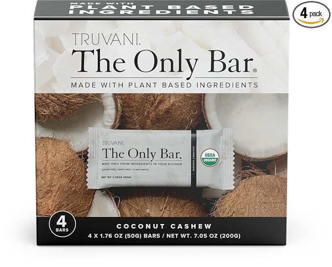 Truvani Plant Based Snack Bars | Coconut Cashew 4 Pack | 5g Protein | USDA Organic and Vegan | The Only Bar | Dairy, Soy, and Gluten Free | Individually Wrapped