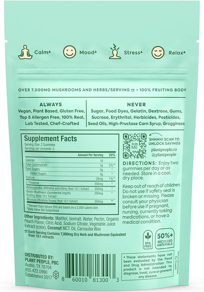 Plant People WonderCalm Mushroom Gummies - Natural Ashwagandha Supplement to Ease Stress & Boost Mood for Adults Without Sugar, Gluten or Artificial Colors, Vegan-Friendly, Peach Flavor (Trial Size)