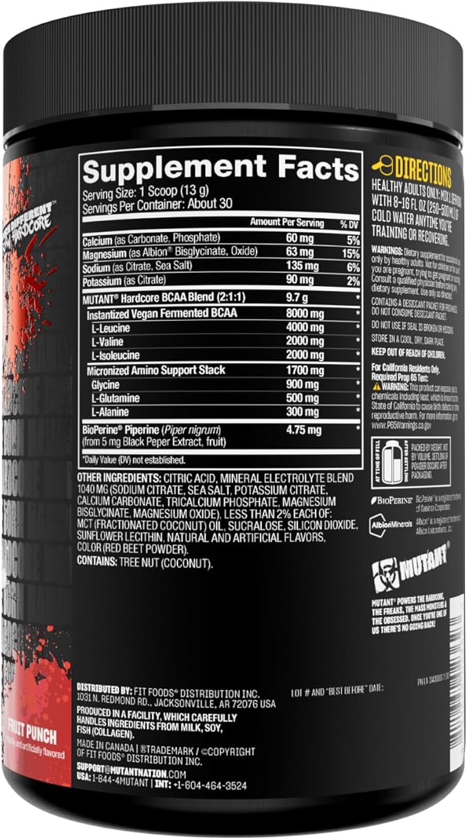 Mutant Hardcore BCAA - Pre, Intra or Post Workout – BCAA Next Level branched-Chain Amino Acids Supplement – Hydration + Recovery - 30 Serving - Fruit Punch