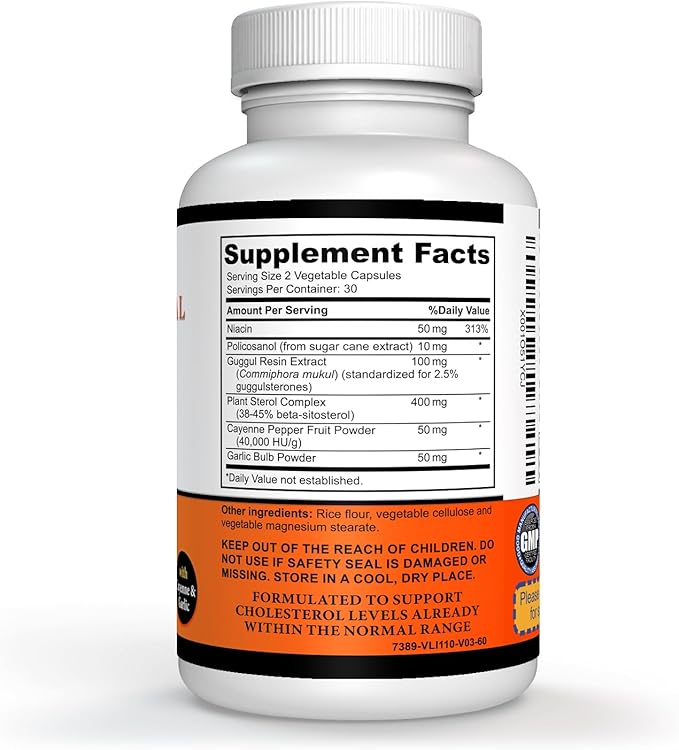 Niacin Supplement – Beta Sitosterol Supplement – Policosanol Supplement – Plant Sterols - Garlic Supplement – Cayenne Supplement – 60 Capsules