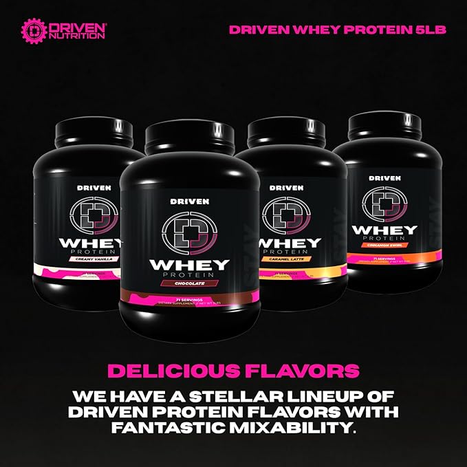 Driven WHEY- Grass Fed Whey Protein Powder: Delicious, Clean Protein Shake- Improve Muscle Recovery with 23 Grams of Protein with Added BCAA and Digestive Enzymes (5lb, Chocolate Milkshake)