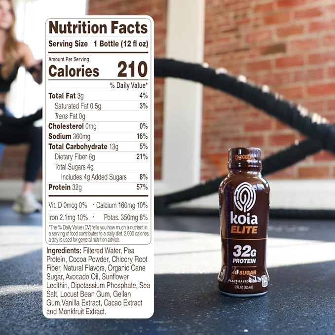 Koia Elite Plant Based Protein Shake, Chocolate, 32g Protein, 4g Sugar, 6g Prebiotic Fiber, Pre & Post Workout Nutritional Drink, No Seed Oils, Dairy-Free, Gluten-Free, Non-GMO, 12 Fl Oz (Pack of 12)
