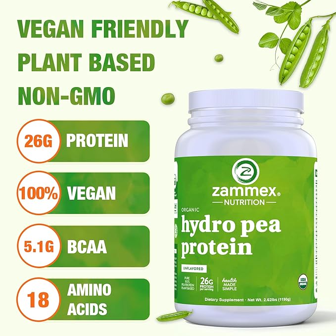 Zammex Organic Pea Protein Powder, 26g Proteins Per Serving,Plant Based 100% Vegan Canada Pea Powder, Gluten Free, Non-GMO,No Additives,Easy to Digest, 2.62lbs, Natural Flavor