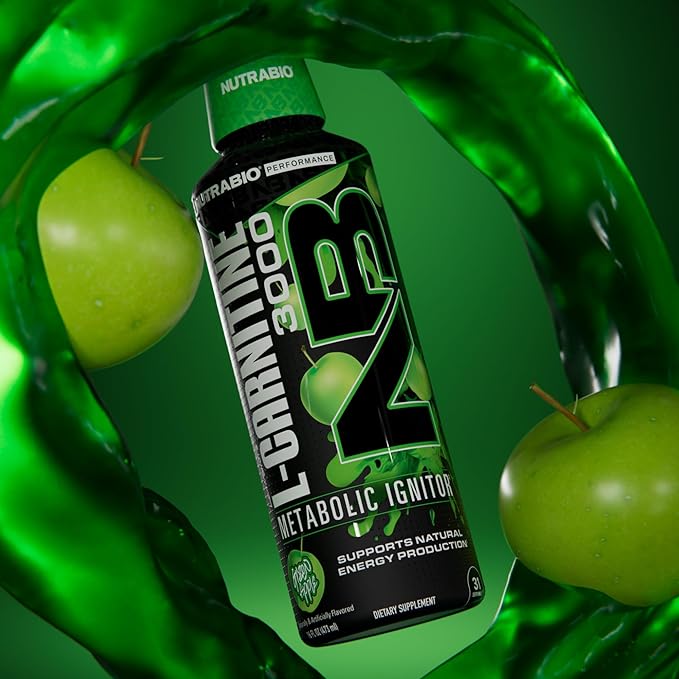 NutraBio – L-Carnitine Liquid Shots – 3000mg, (Green Apple) – 10mg of Vitamin B-5 – Zero Carbs & Sugars – Energy Production – Muscle Recovery