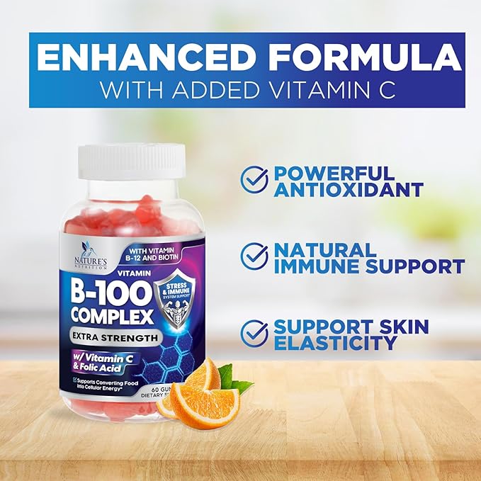B Complex Gummy with Vitamin C & Folic Acid, Extra Strength Vitamin B Gummies Supplement with Niacin, B6, Folic Acid, Super B12, Biotin, Nature's Energy Immune Support Supplements - 60 Gummies