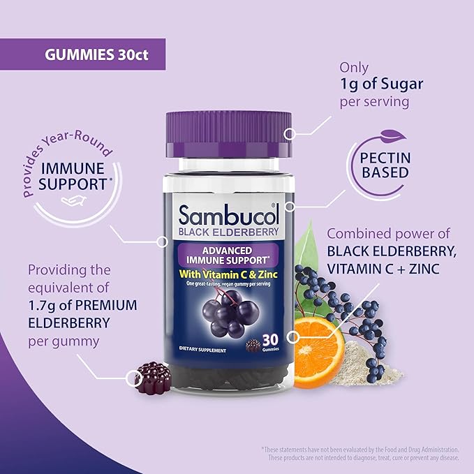 Sambucol Black Elderberry Gummies with Vitamin C & Zinc - Sambucus Elderberry Gummies for Immune Support, High Antioxidants, Gluten Free, Vegan, Elderberry with Zinc & Vitamin C - 30 Count, 2 Pack