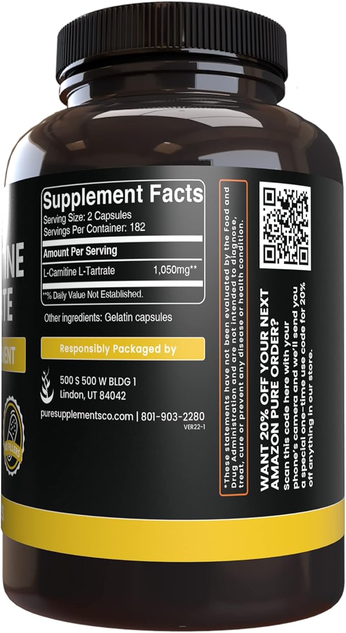 Pure Original Ingredients L-Carnitine Tartrate (365 Capsules) No Magnesium Or Rice Fillers, Always Pure, Lab Verified