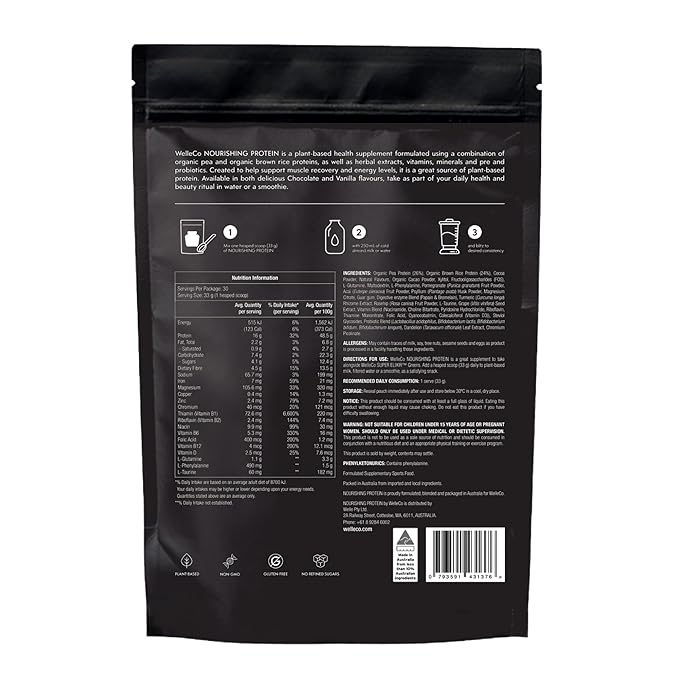 WelleCo Vegan Protein Powder, Gluten Free Premium Organic Sprouted Brown Rice & Pea Protein Blend, 6g Carbs & Dairy Free, for Energy, Muscle Recovery, 16g Protein Per Serving, Chocolate, 35.2oz Pouch
