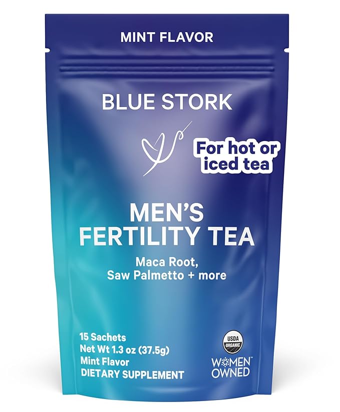 Blue Stork Men's Fertility Tea: Organic Fertility Supplements for Men, Green Tea, Maca Root, and Ginkgo Biloba for Male Reproductive Health, Mint, 15 Sachets
