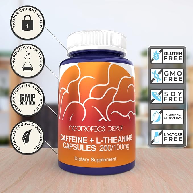 Nootropics Depot Caffeine & L-Theanine Capsules | 180 Pills | Contains 200mg of Caffeine and 100mg of L-Theanine | Natural Supplement | Energy Booster | Mental Focus + Alertness |