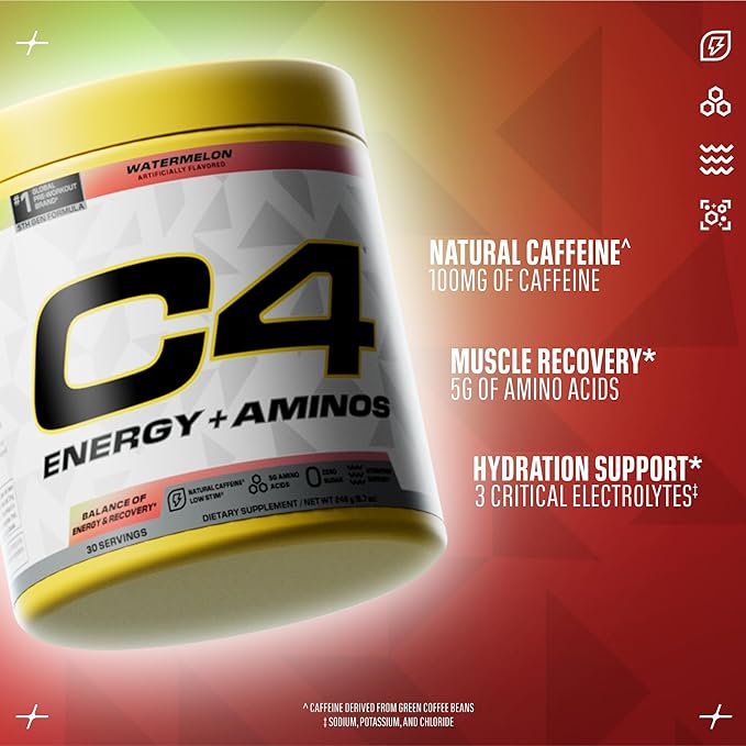 Cellucor C4 Energy + Aminos Powder | 5g BCAAs & EAAs for Muscle Recovery, 3 Electrolytes for Hydration, 100mg Natural Caffeine | Pre Workout | Zero Sugar, 30 Servings, Watermelon
