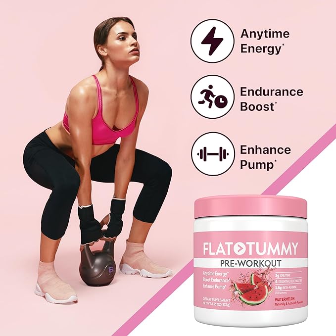 Flat Tummy Pre Workout Powder for Women – Energy, Endurance, and Muscle Support with 3g Creatine, 1.6g Beta-Alanine, Electrolytes – Watermelon Flavor – 30 Servings