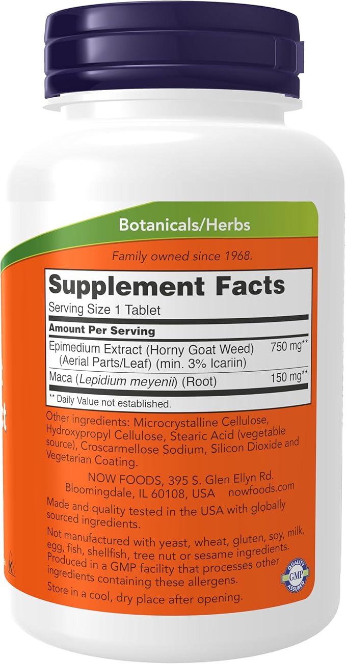 NOW Foods Supplements, Horny Goat Weed Extract 750 mg Plus 150 mg of Maca Root, Tonifying Herb*, 90 Tablets, for Sexual Health