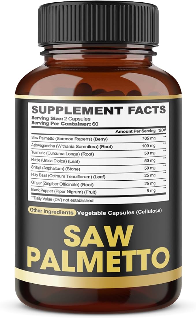 8in1 Saw Palmetto Prostate Support Supplement with Ashwagandha, Turmeric, Ginger, Nettle Leaf, Holy Basil & More - 120 Vegan Capsules for 2 Months