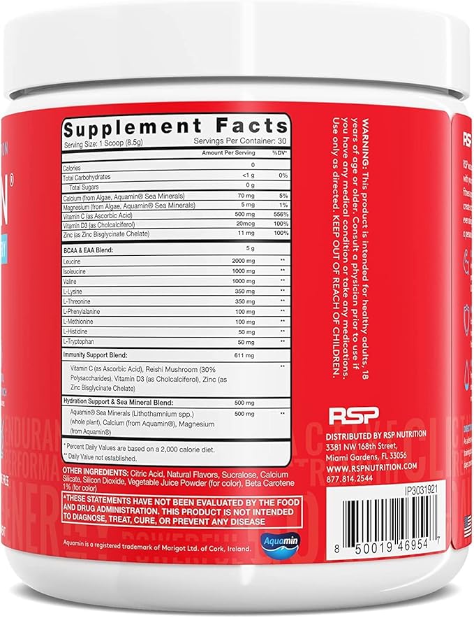 RSP AminoLean Recovery - Post Workout BCAAs Amino Acids Supplement + Electrolytes, BCAAs and EAAs for Hydration Boost, Immunity Support - Muscle Recovery Drink, Vegan Aminos, Tropical Punch