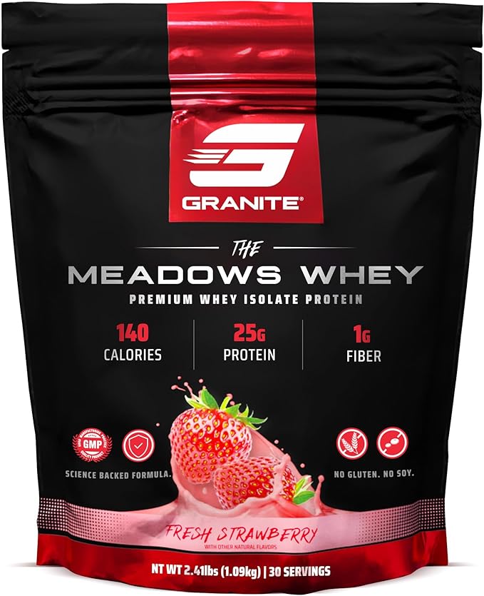 Granite Supplements The Meadows Whey Protein Isolate Protein Powder for Lean Muscle with 150 Calories, 2g Fiber, 1g Sugar (30 Servings), Fresh Strawberry Flavor
