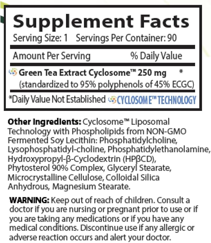 NATURE'S ESSENTIALS Low Caffeine Green Tea Extract 250mg | 45% EGCG | Advanced Cyclosome Liposomal Delivery | Non-GMO, Gluten Free, Vegetarian | 90 Tablets