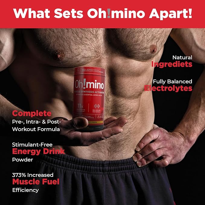 Oh!mino Amino Acids Supplement for Protein Synthesis - EAAs Capsules for Muscle Recovery, Pre & Post Workout - Non Caffeine, Non Dairy, Vegan, Zero Sugar & Net Carbs (180-Count, 30 Servings)