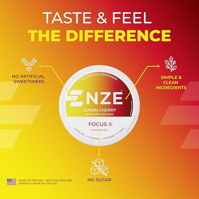 NZE Caffeine Free Nootropic Pouches (Lemon Cherry) - Nootropic Pouches with Alpha GPC, L-Tyrosine & L-Theanine - No Sugar or Artificial Sweeteners - 15 Nicotine Free Pouches Per Can - 5 Pack