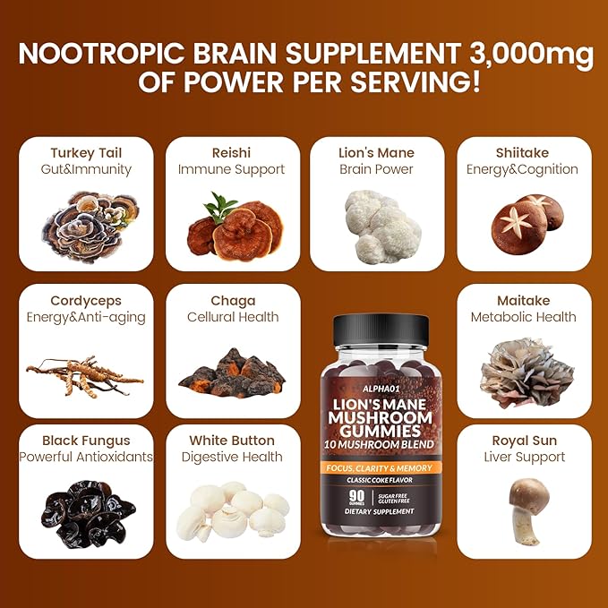 Mushroom Gummies - 10x Mushroom Supplement with Ashwagandha and Lions Mane - Nootropic Brain Supplement, Immune Support & Stress Relief (90 CT) Classic Coke