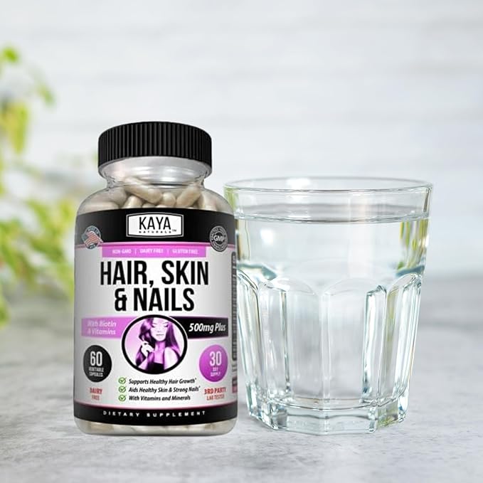 Kaya Naturals Hair Skin Nail Capsules BIOTIN Vitamin D Vitamin B-12 A Folic Acid Support, Hair Support Vitamin Supplement
