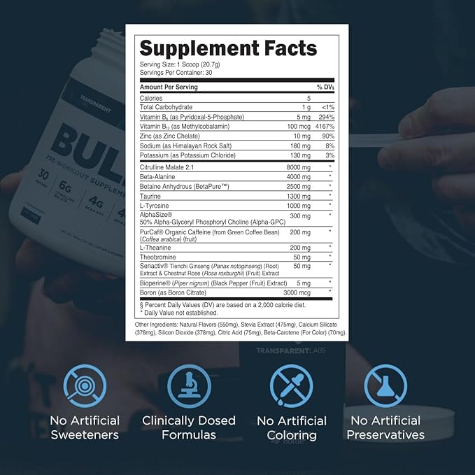 Transparent Labs Bulk Pre Workout Powder - Naturally Sweetened Advanced Pre-Workout Formula for Muscle Building and Strength - 30 Servings, Peach Mango