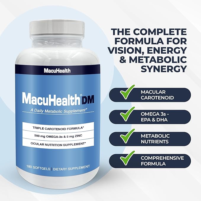 Macuhealth Daily Metabolic Triple Carotenoids, with EPA/DHA Omega-3 - Vital Minerals with Zinc – 180 Softgels for Long-Lasting Use
